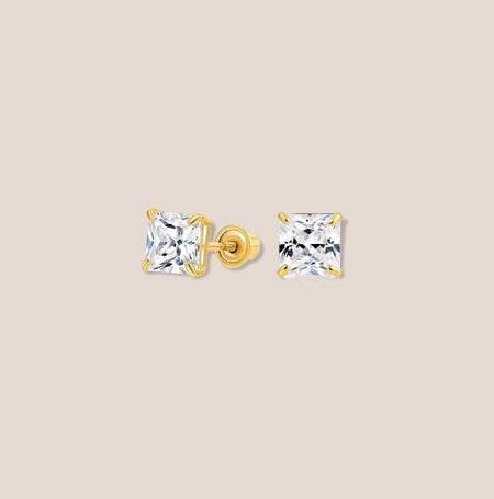 (AO - 04) 14K Oro Amarillo CZ Corte Princesa - JoyeriaParis