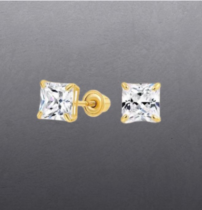 (AO - 05) 14K Aretes Oro Amarillo CZ Cuadradas - Cierre de Rosca - JoyeriaParis