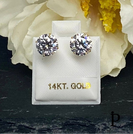 (AO - 07) 14K Aretes Oro Amarillo CZ Redondo - JoyeriaParis