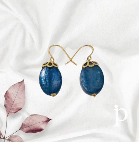 (AO - 14) 14K Aretes de Cianita Gotas Ovaladas Lisas de Color Azul - JoyeriaParis