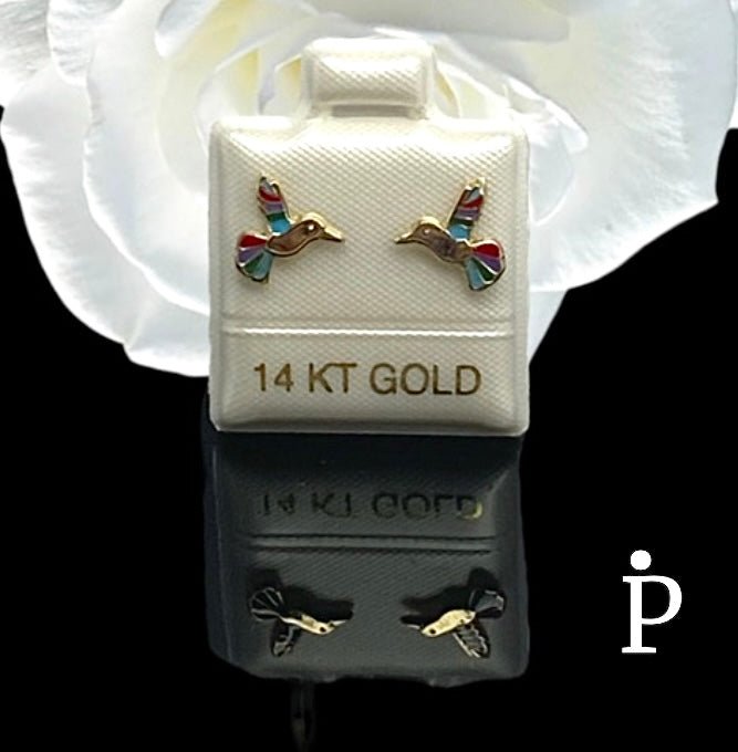 (AO - 15) 14K Aretes Con Rosca Colibri Multicolor - JoyeriaParis