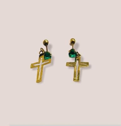 (AO - 16) 14K Aretes en forma de Cruz con ZC Verde, mide 15 mm Aprox. - JoyeriaParis