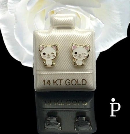 (AO - 20) 14K Aretes Oro Amarillo En Forma De Gatita - JoyeriaParis