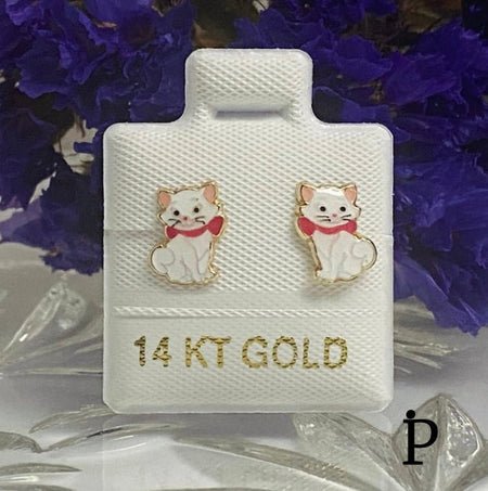 (AO - 20) 14K Aretes Oro Amarillo En Forma De Gatito. - JoyeriaParis