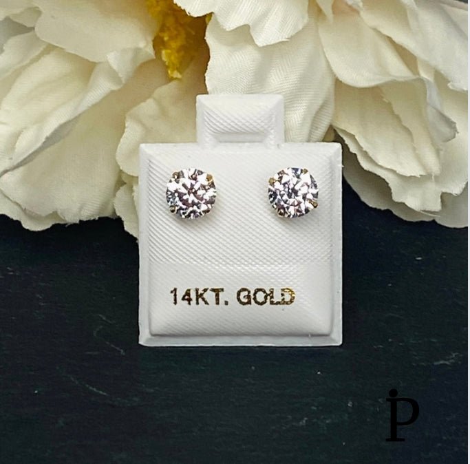 (AO - 24) 14K Aretes Oro Amarillo CZ Redondo - JoyeriaParis