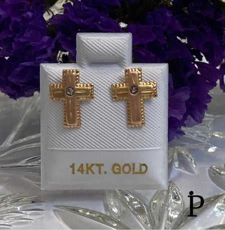 (AO - 41) 14K Aretes Oro Amarillo Con Forma De Cruz. - JoyeriaParis