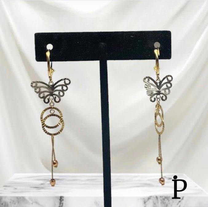 (AO - 48) 14K Oro Aretes Largos en Tri - Colores. - JoyeriaParis