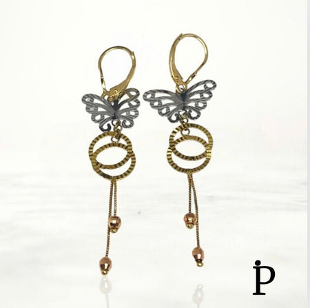 (AO - 48) 14K Oro Aretes Largos en Tri - Colores. - JoyeriaParis