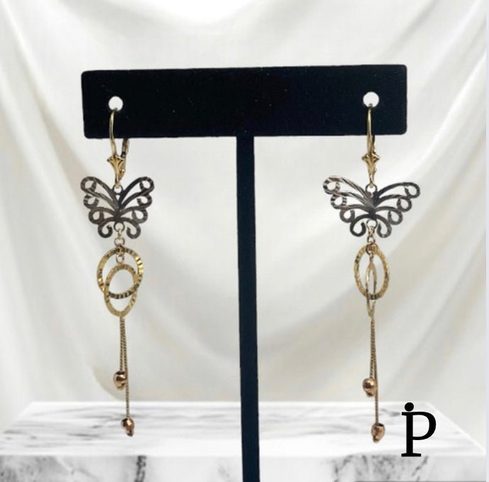 (AO - 48) 14K Oro Aretes Largos en Tri - Colores. - JoyeriaParis