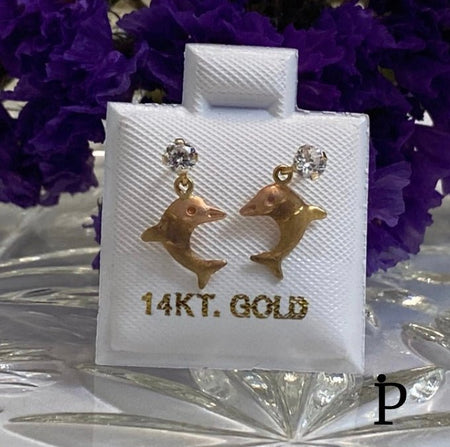 (AO - 49) 14K Aretes Oro Dos Tonos Delfines - JoyeriaParis