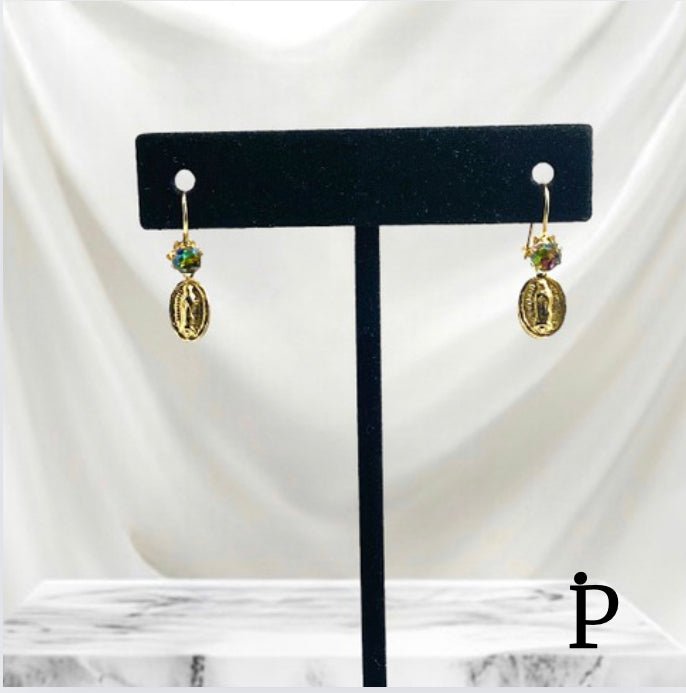 (AO - 51) 14K Aretes Oro Amarillo Ovalado Nuestra Señora de Guadalupe - JoyeriaParis