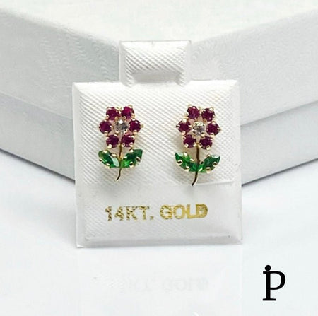 (AO - 52) 14K Oro Aretes Flores Color Rubi & Esmeralda - JoyeriaParis