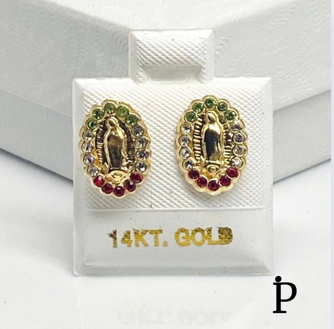 (AO - 56) 14K Aretes Oro Amarillo Virgen Maria De Boton con Rosca - JoyeriaParis