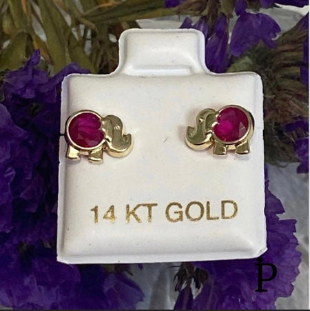 (AO - 66) 14K Aretes Oro Amarillo Elefantes Circonita Cubica Roja - JoyeriaParis