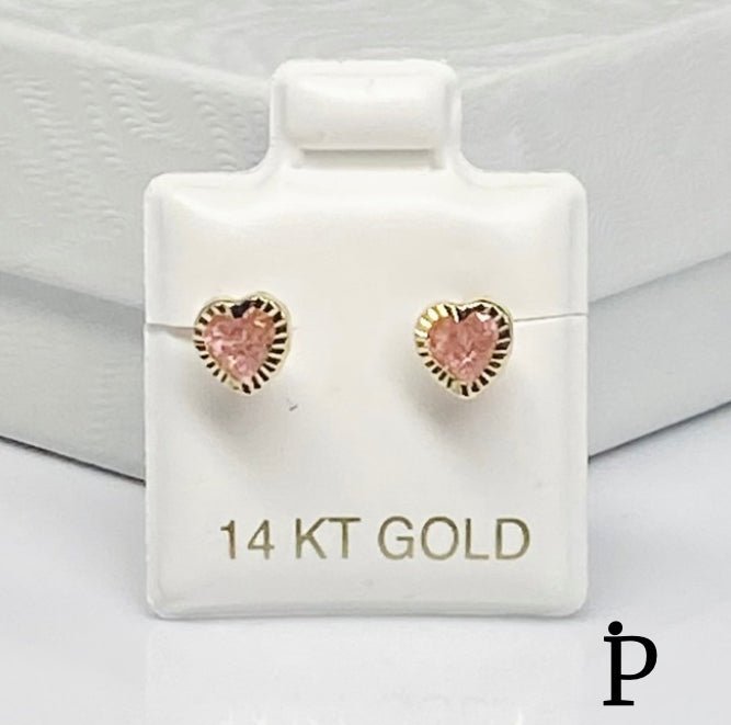 (AO - 68) 14K Aretes Oro Amarillo Corazon ZC Color Rosa - JoyeriaParis