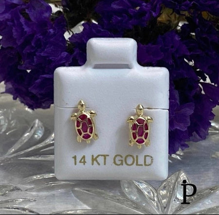 (AO - 76) 14K Aretes Oro Amarillo Tortuga CZ Roja - JoyeriaParis