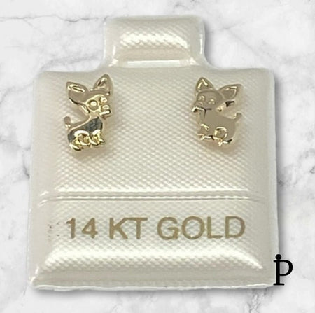 (AO - 83) 14K Aretes Oro Amarillo Perro Chihuahua - JoyeriaParis