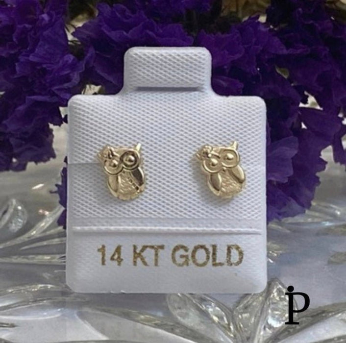 (AO - 90) 14K Aretes Oro Amarillo Búho Adorable - JoyeriaParis