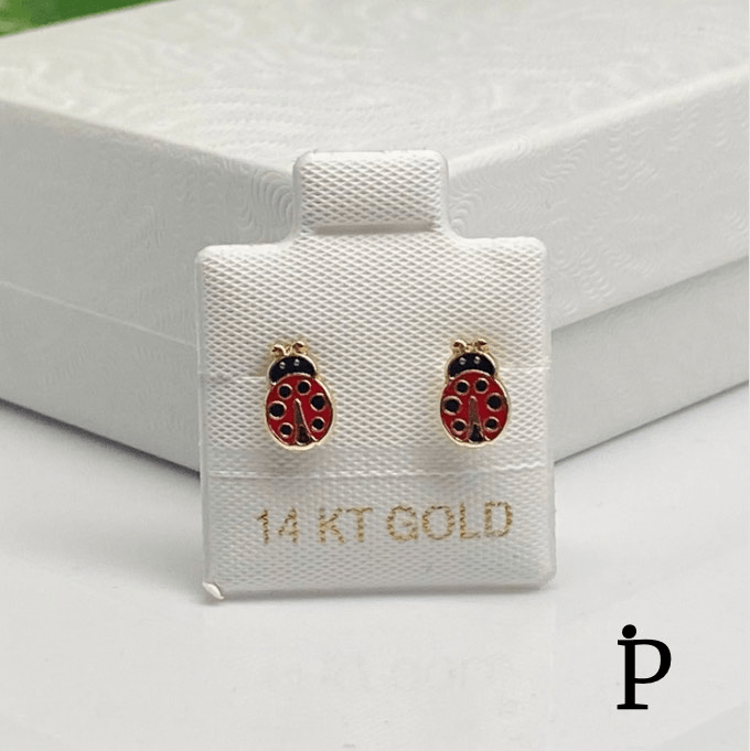 (AO - 99) 14K Aretes Oro Amarillo Mariquita - JoyeriaParis