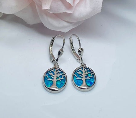 (AP - 01) .925 Plata aretes árbol de vida, en ópalo color azul cielo. - JoyeriaParis