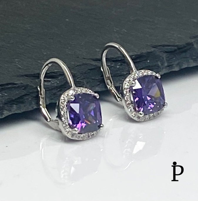 (AP - 19) .925 Plata Aretes CZ Color Purpura - JoyeriaParis