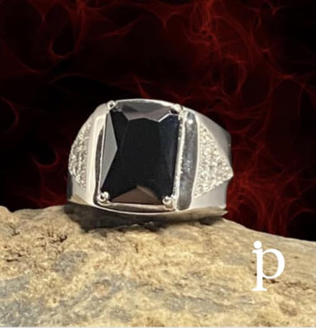 (APH - 18) .925 Plata Anillo PARA HOMBRE con 3 Piedra ónix color negra. - JoyeriaParis