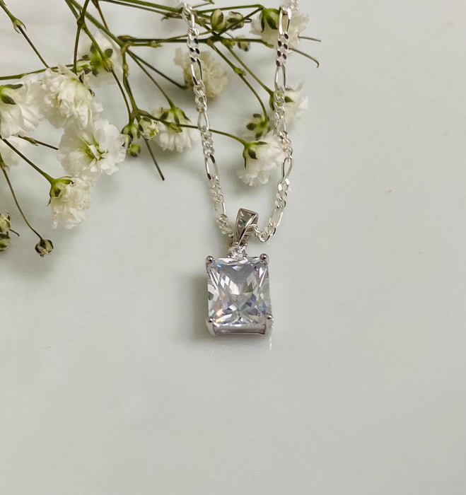 (CCP - 54) Cadena plata con un Colgante rectangular blanca - JoyeriaParis