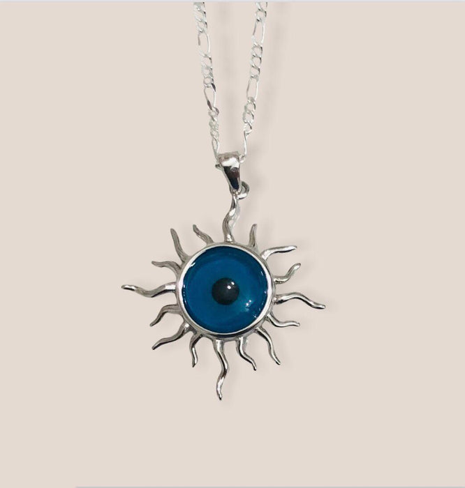 (CCP - 56) .925 Plata Cadena 24” - 2mm Aprox. Con Colgante En Forma de Sol Con Ojo Turco. - JoyeriaParis