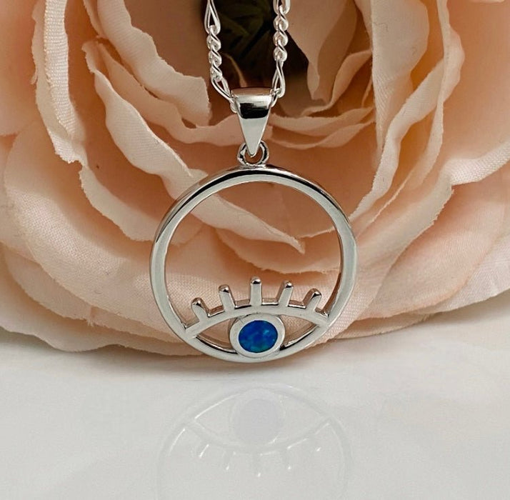 (CCP - 77) .925 Plata cadena con Colgante en forma circular con ojo en ópalo color azul. - JoyeriaParis