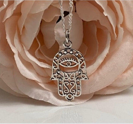 (CCP - 81) .925 Plata cadena con Colgante en forma de mano Hamsa. - JoyeriaParis