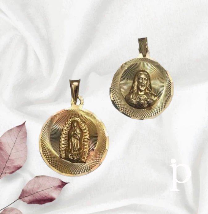 (DJO - 02) 14K oro amarilo Pendiente con 2 caras, con imagen religiosa - JoyeriaParis