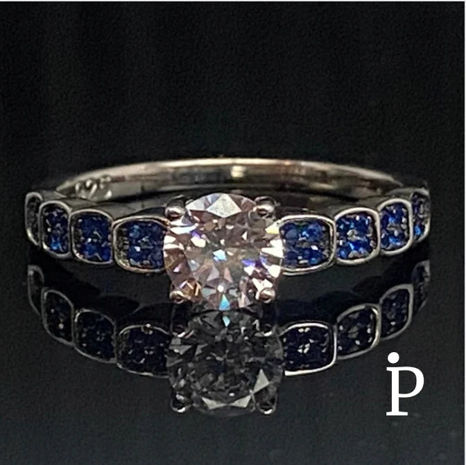 (ACP-17) .925 Silver Engagement Ring with White and Blue Cubic Zirconia.
