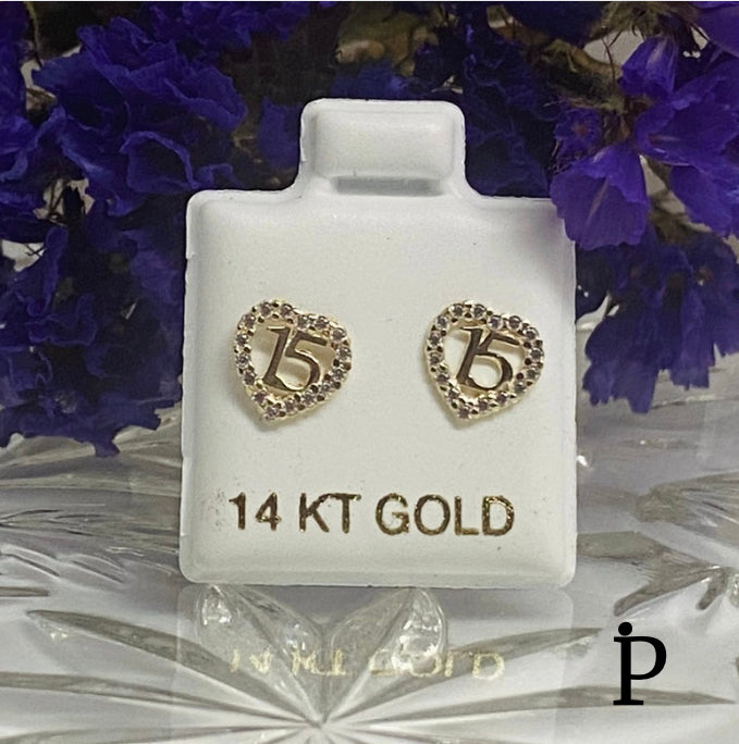 (AO-78) Heart Earrings with White Zirconia in 14K Gold