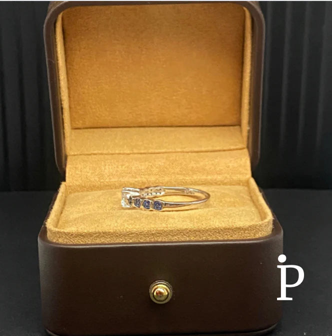 (ACP-17) .925 Silver Engagement Ring with White and Blue Cubic Zirconia.
