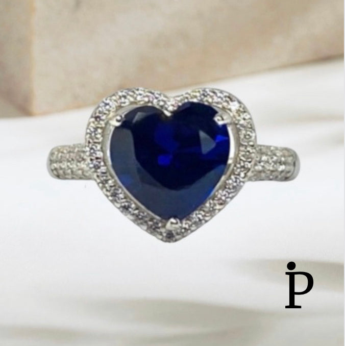 (AE-49) .925 Silver Sapphire Ring Heart Shape Halo Cubic Zirconia