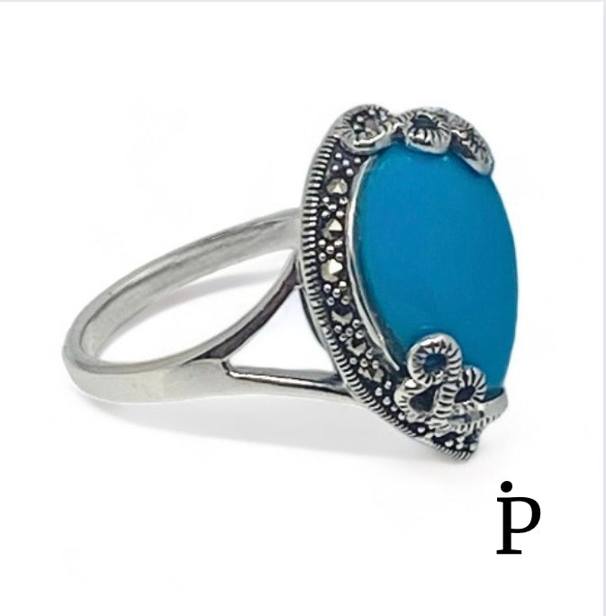 (AE-88) .925 Silver Blue Turquoise Pear Shape Marcasite Ring.