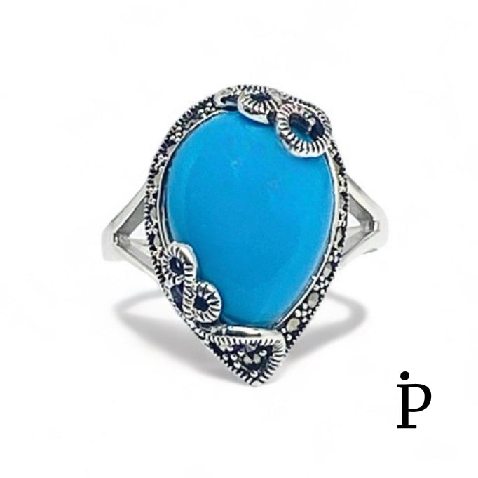 (AE-88) .925 Silver Blue Turquoise Pear Shape Marcasite Ring.