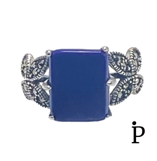 (AE-69) .925 Silver Square Blue Stone Marcasite Butterfly Ring