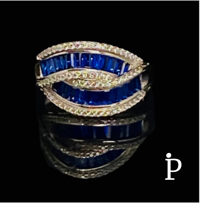 (ACP-152) .925 Silver Cross Sapphire Blue Cubic Zirconia Engagement Ring.