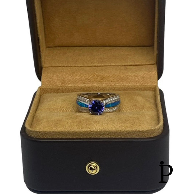 (AE-16).925 Silver Cubic Zirconia and Round Tanzanite Opal Ring