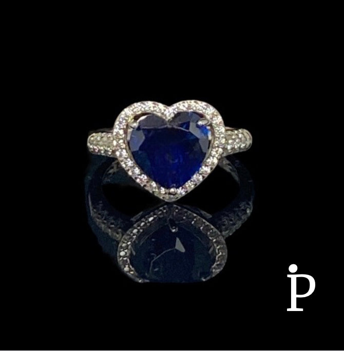 (AE-49) .925 Silver Sapphire Ring Heart Shape Halo Cubic Zirconia