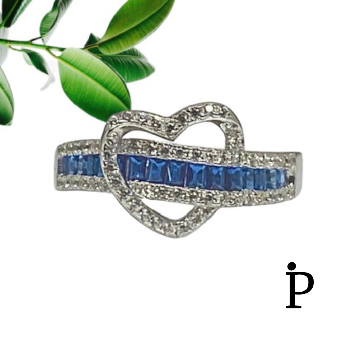 (AE-32) .925 Silver Extravagant Cubic Zirconia Heart Sapphire Ring