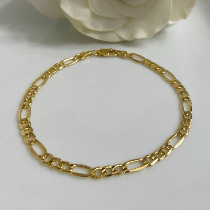 (PSO - 01) 14K Pulsera oro amarillo estilo fígaro, mide 7.5 “ - 4mm aprox. - JoyeriaParis