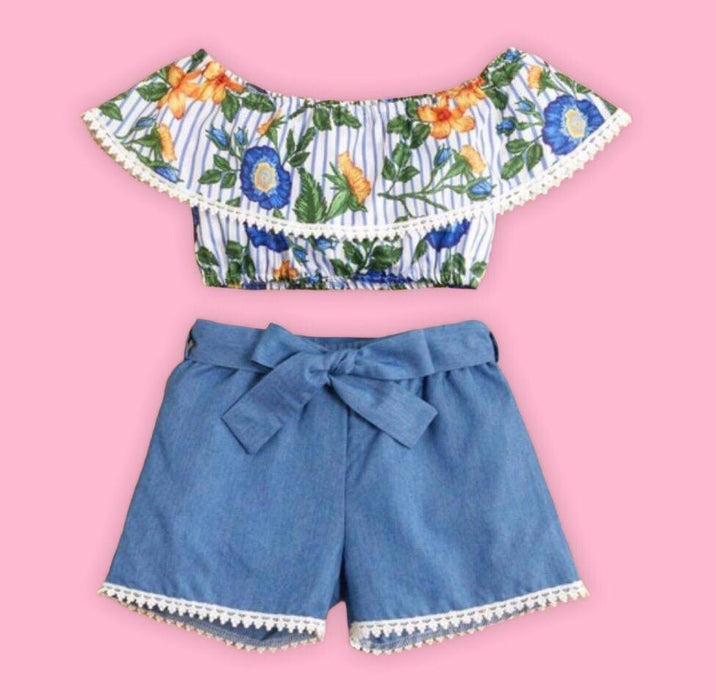 (RNN - 105) Para niña 2/3 años en dos piezas blusa estampada con flores y short color azul - JoyeriaParis