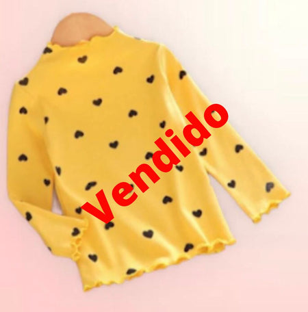 (RNN - 108) Blusa para niña, manga larga 3/4 años, en color amarillo con corazones negros - JoyeriaParis