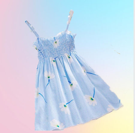 (RNN - 120) Vestido para niña con tirantes en color azul con flores blancas, para 2 a 3 años - JoyeriaParis