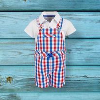 (RNN - 16) Para bebe 0 - 3 meses 2 piezas en overol - short en cuadros azul blanco rojo con playera tipo polo color blanca - JoyeriaParis