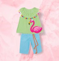 (RNN - 36) Dos piezas para niña para 2 años pantalón en color azul y blusa color verde con estampado de un Flamingo - JoyeriaParis