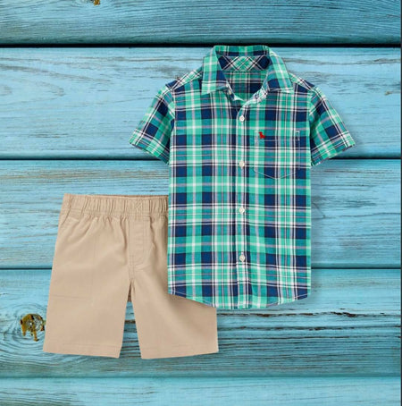 (RNN - 41) Dos piezas para niño de 2 años camisa a cuadros con short color beige - JoyeriaParis