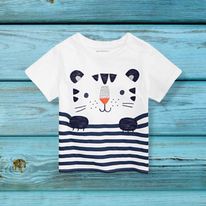 (RNN - 43) Playera para niño para 2 años con rayas azules y estampado de un tigre - JoyeriaParis